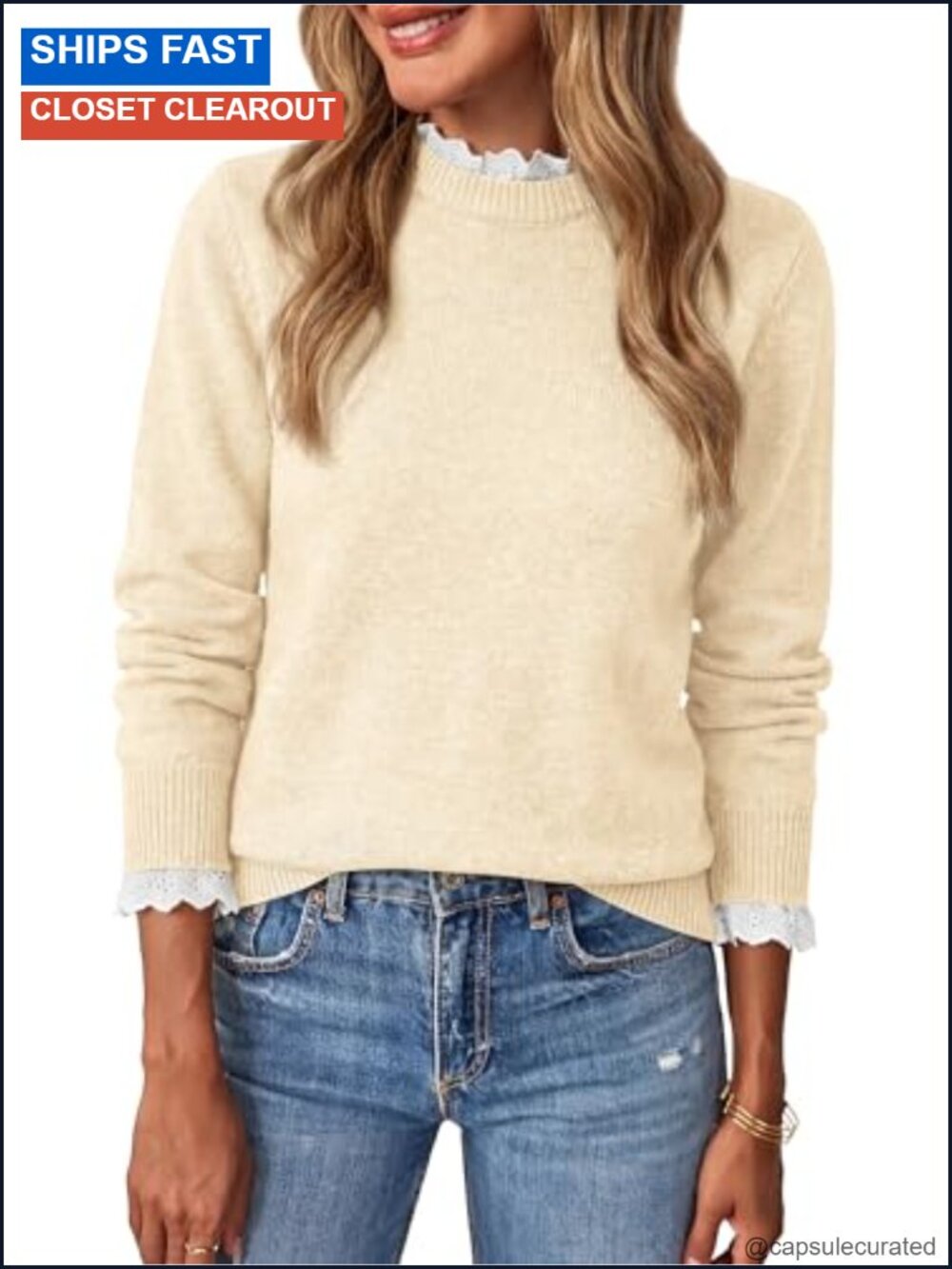 Women's Lightweight Lace Knit Crew Neck Long Sleeve Pullover Sweater